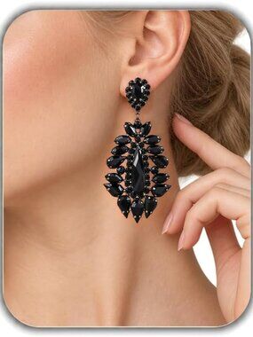Black Rhinestone Dangle Chandelier Earrings for Women, Statement Jewelry